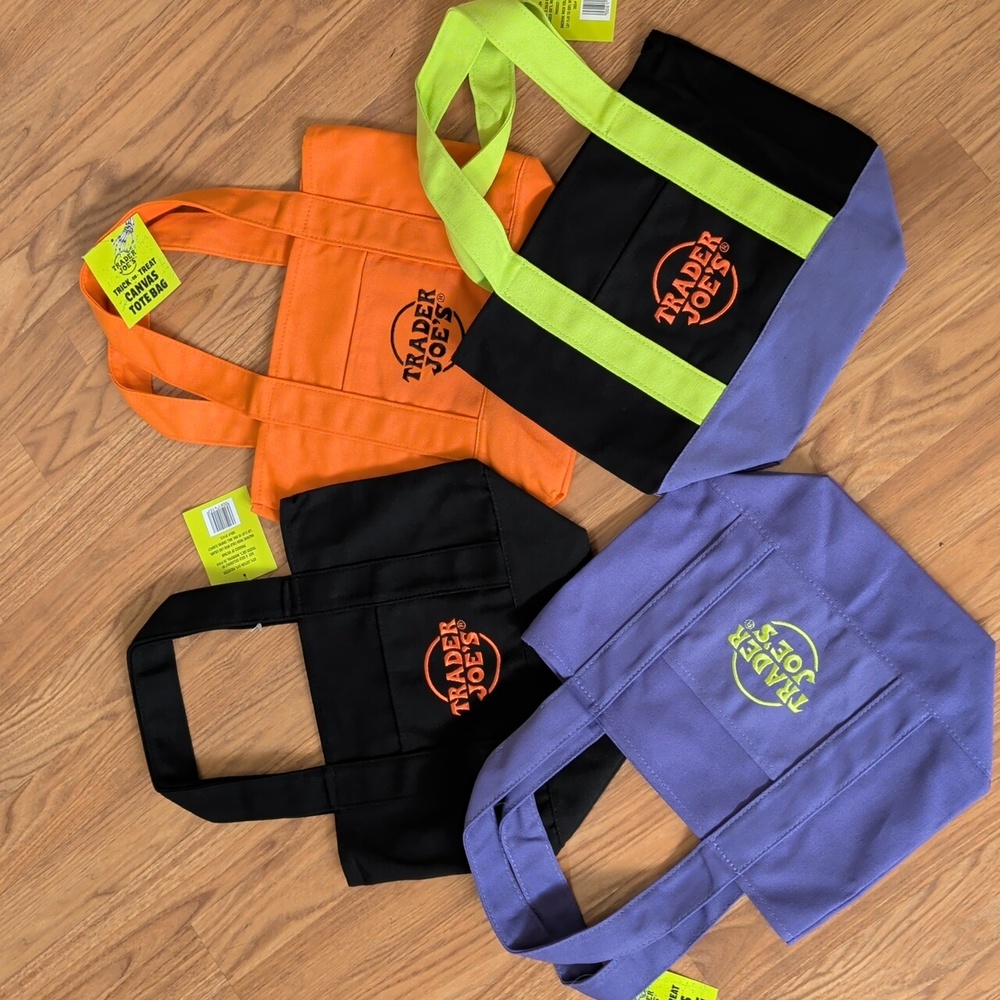 Trader Joe's Halloween Tote Bags Set of 4 Black Orange Purple Green